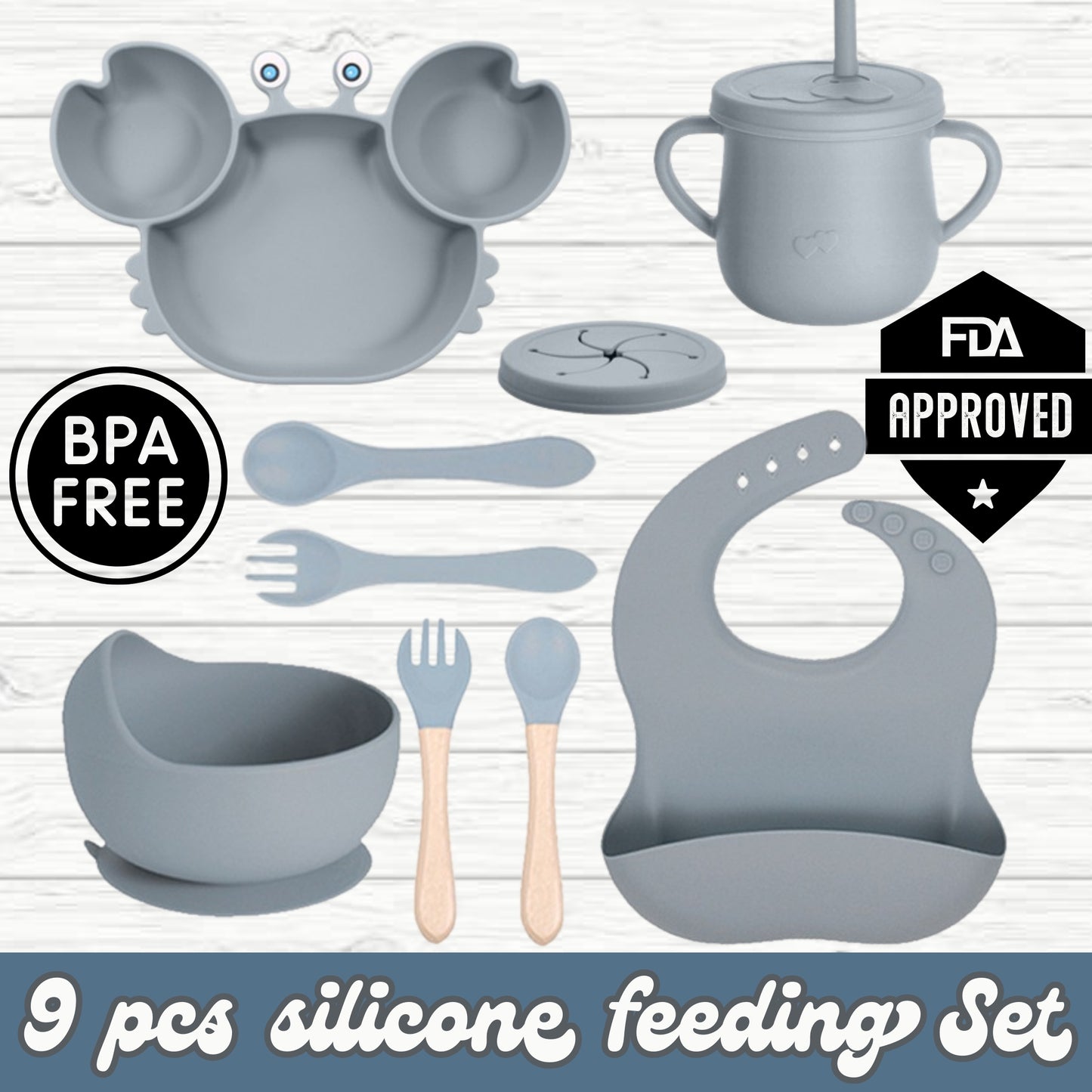 silicone baby feeding set, 9Pcs Silicone Baby Feeding Set, Baby Led Weaning Supplies, Eating Essentials Utensils with Suction Bowl Divided Plate, Pocket Bib, Sippy Cup with Lid,Eating Utensils for 6+ Months ash blue