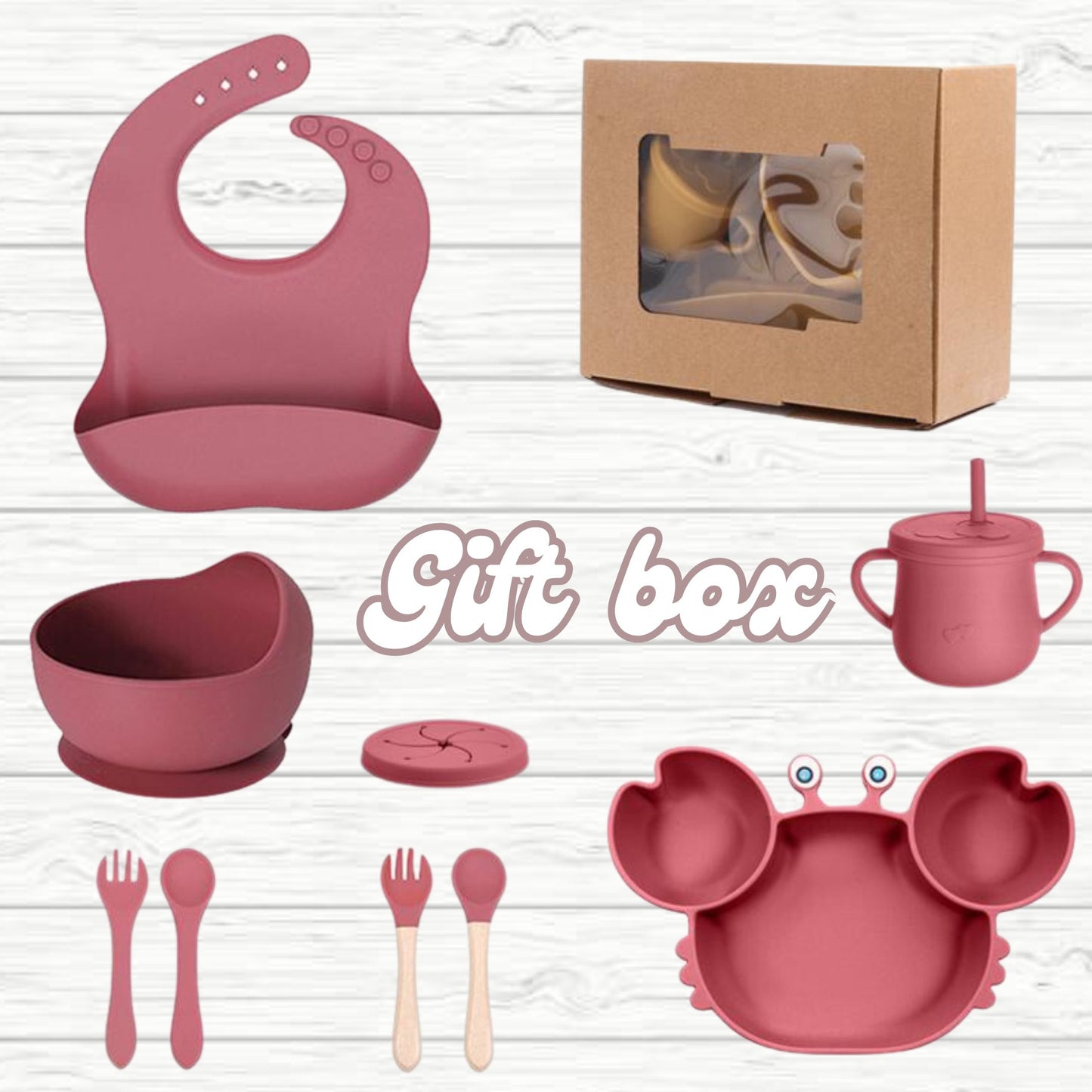 silicone baby feeding set, 9Pcs Silicone Baby Feeding Set, Baby Led Weaning Supplies, Eating Essentials Utensils with Suction Bowl Divided Plate, Pocket Bib, Sippy Cup with Lid,Eating Utensils for 6+ Months dark pink