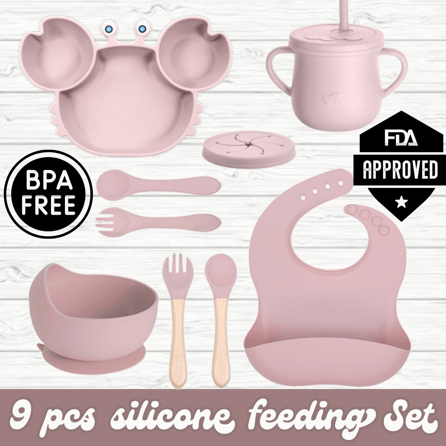 silicone baby feeding set, 9Pcs Silicone Baby Feeding Set, Baby Led Weaning Supplies, Eating Essentials Utensils with Suction Bowl Divided Plate, Pocket Bib, Sippy Cup with Lid,Eating Utensils for 6+ Months smoke pink