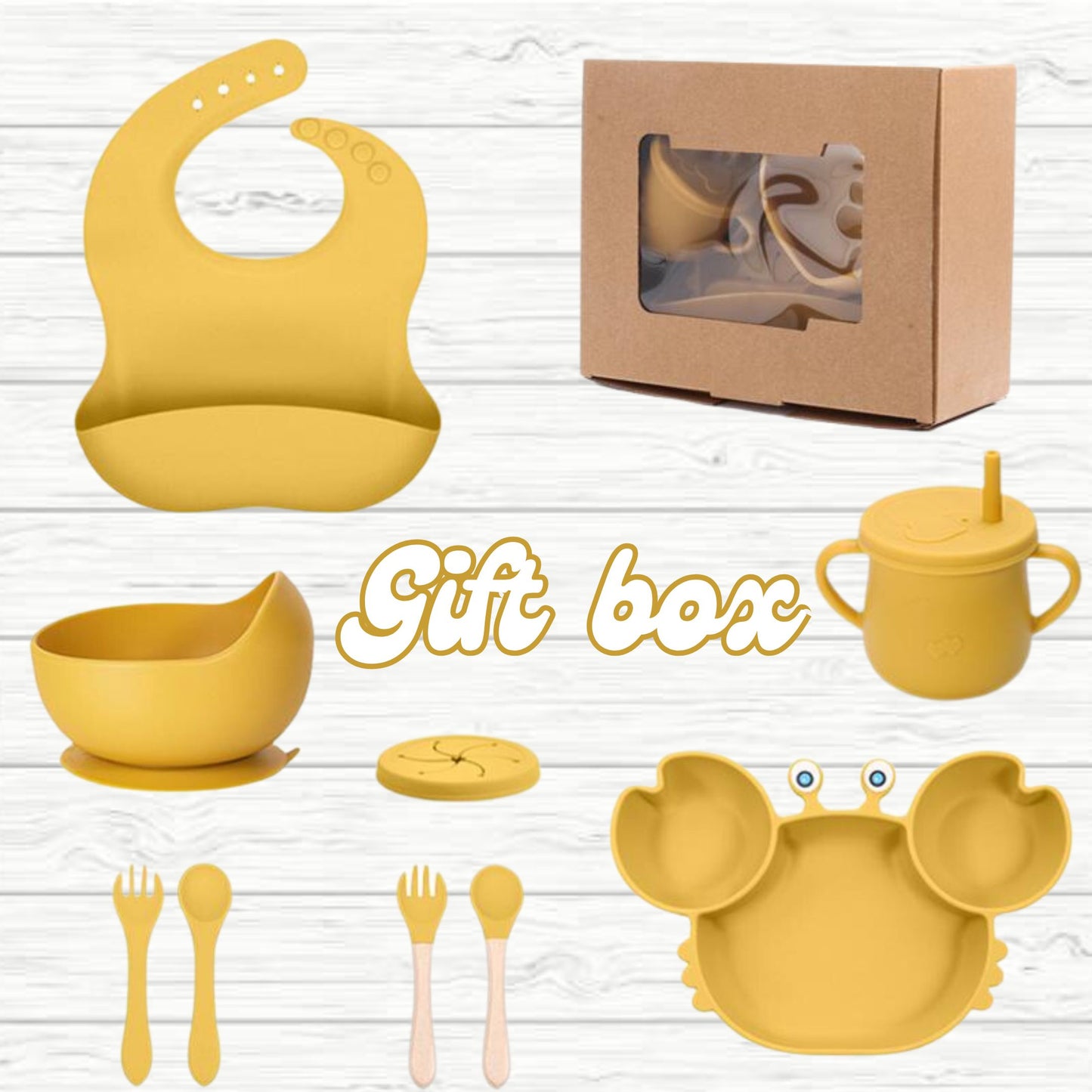 silicone baby feeding set, 9Pcs Silicone Baby Feeding Set, Baby Led Weaning Supplies, Eating Essentials Utensils with Suction Bowl Divided Plate, Pocket Bib, Sippy Cup with Lid,Eating Utensils for 6+ Months yellow