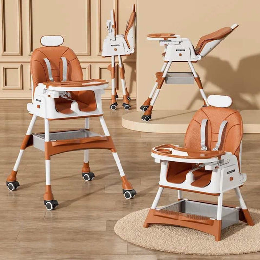 Baby High Chair, Portable Foldable High Chairs For Babies and Toddlers With Wheels, Dining Booster Seat With Removable Tray & Adjustable Backrest & Height For 0-6 Years, Baby Dining Chair - coffee colour