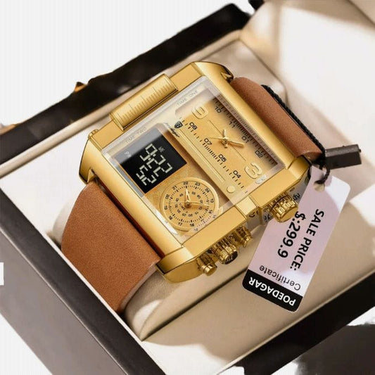 POEDAGAR Square 47mm Quartz Watches Men Waterproof Chronograph Luminous Men's Genuine Lather&nbsp;Watch Bands  ONE YEAR WARRANTY