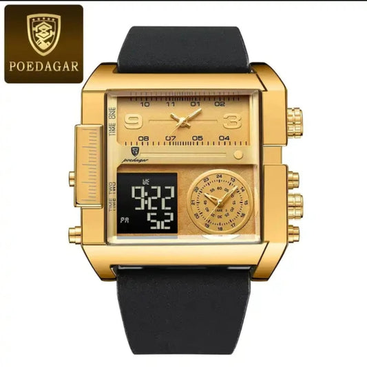POEDAGAR Square 47mm Quartz Watches Men Waterproof Chronograph Luminous Men's Genuine Lather&nbsp;Watch Bands  ONE YEAR WARRANTY