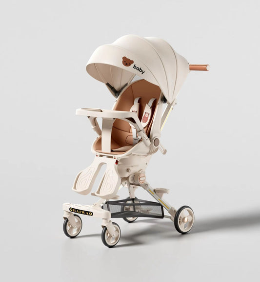 White baby stroller with brown seat on a light gray background