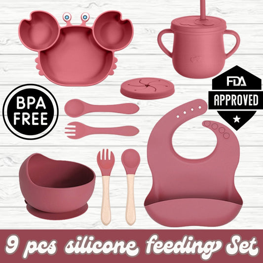 silicone baby feeding set, 9Pcs Silicone Baby Feeding Set, Baby Led Weaning Supplies, Eating Essentials Utensils with Suction Bowl Divided Plate, Pocket Bib, Sippy Cup with Lid,Eating Utensils for 6+ Months dark pink