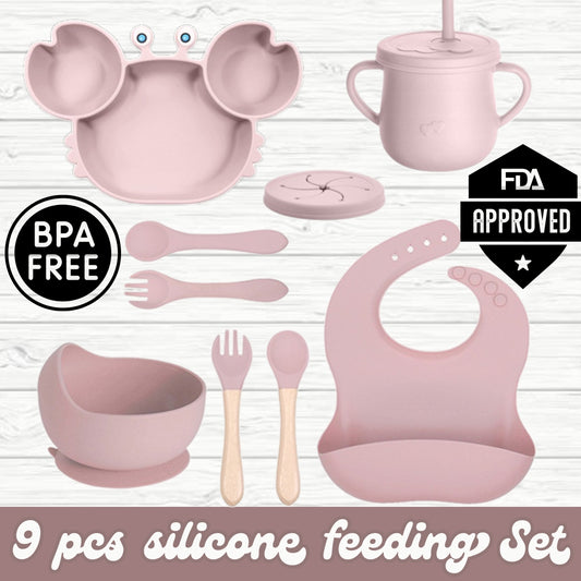 silicone baby feeding set, 9Pcs Silicone Baby Feeding Set, Baby Led Weaning Supplies, Eating Essentials Utensils with Suction Bowl Divided Plate, Pocket Bib, Sippy Cup with Lid,Eating Utensils for 6+ Months smoke pink