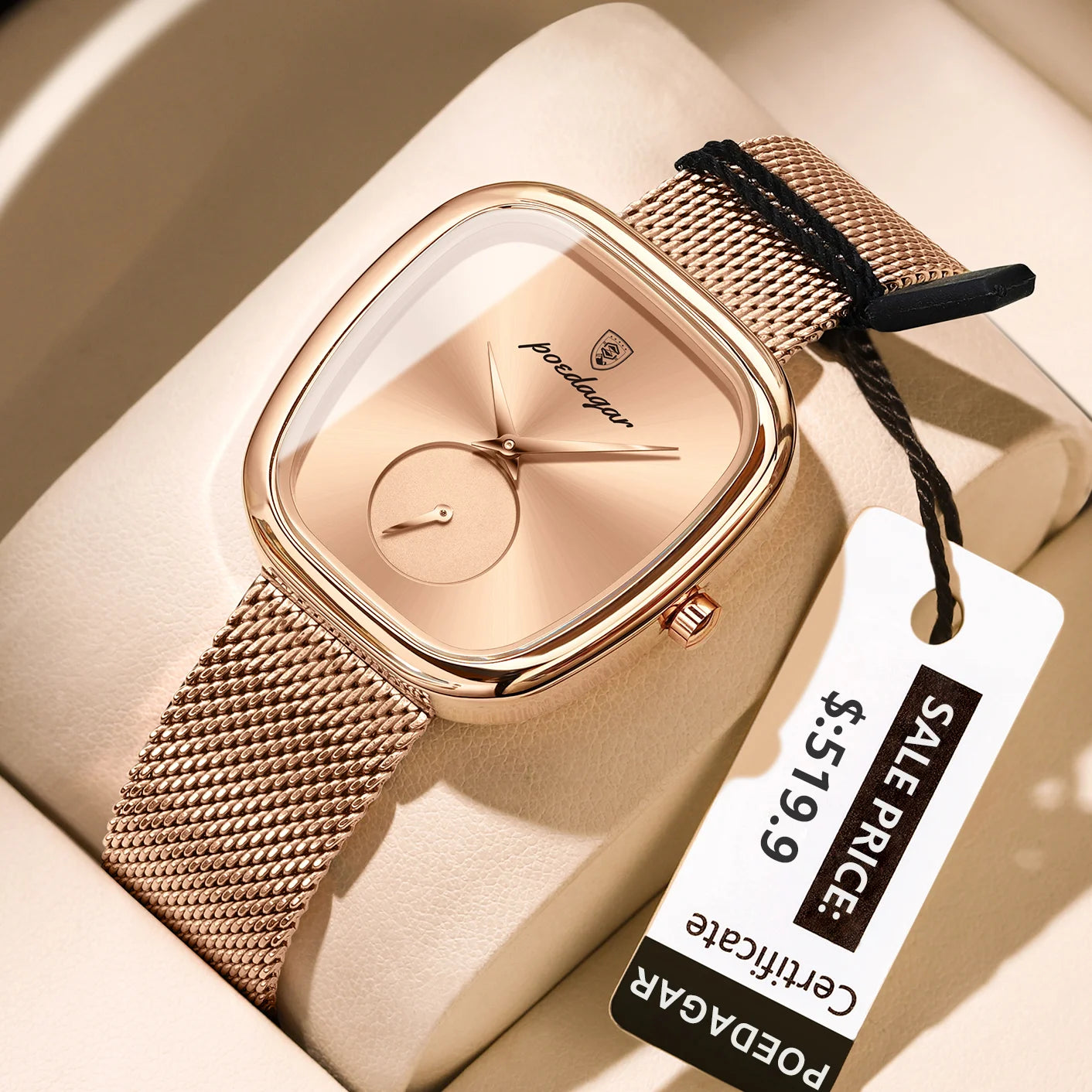 POEDAGAR Elegant
Rose Square Watch -
Waterproof Stainless
Steel Mesh Band,
Quartz Movement
Wristwatch with
Golden Dial & Rose
Hands
