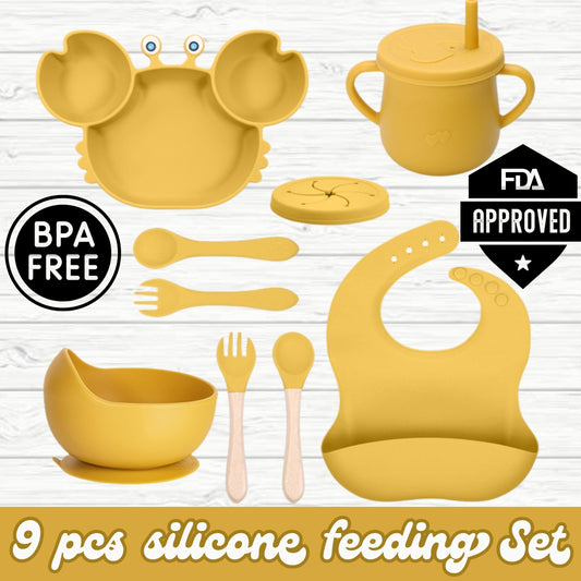 silicone baby feeding set, 9Pcs Silicone Baby Feeding Set, Baby Led Weaning Supplies, Eating Essentials Utensils with Suction Bowl Divided Plate, Pocket Bib, Sippy Cup with Lid,Eating Utensils for 6+ Months yellow